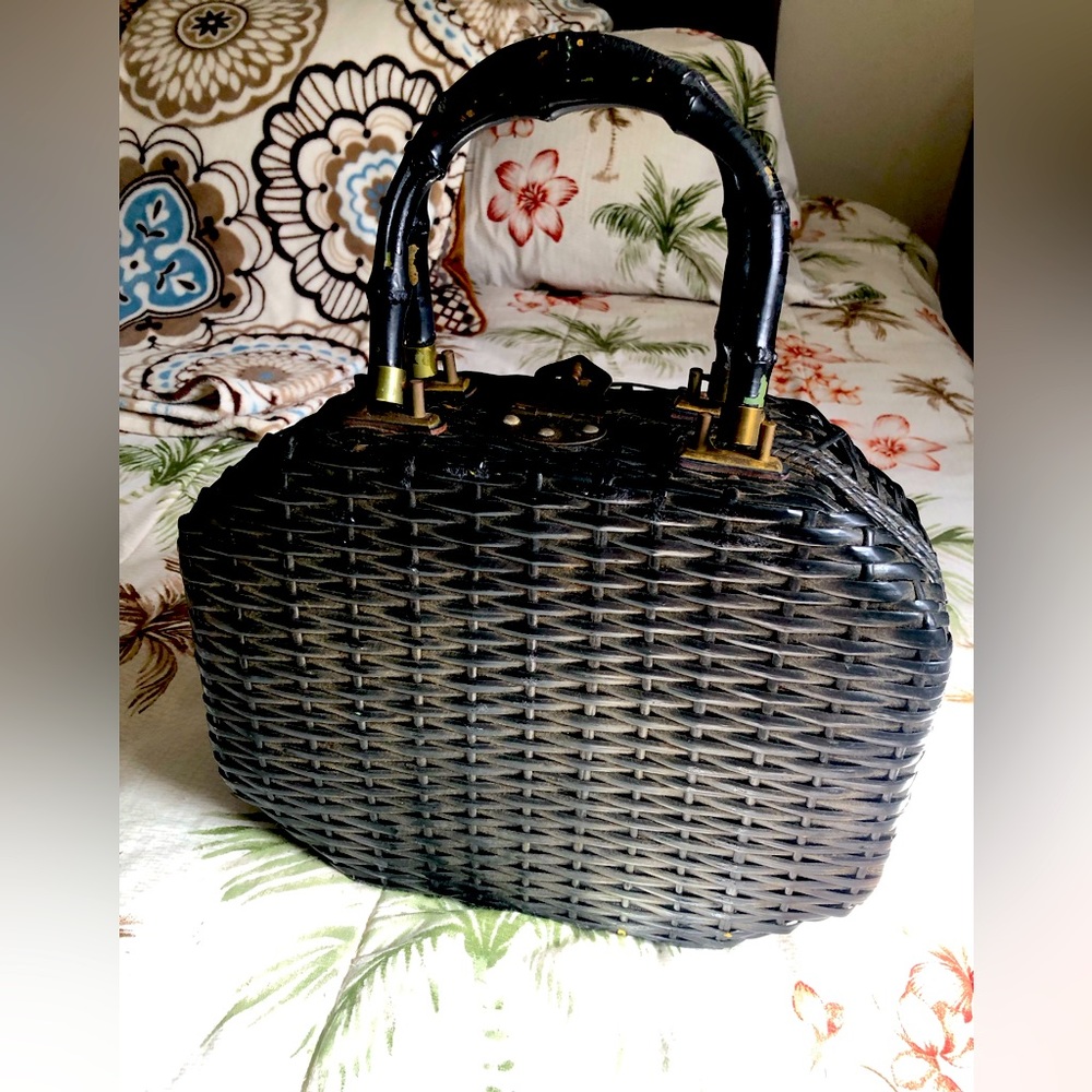 Black Vintage Rattan Bag with Bamboo Handles “ Made in Japan”